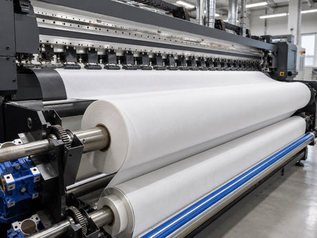 Industrial textile finishing machine feeding a continuous roll of white fabric through the production line