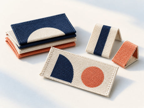 Illustrative woven label samples showing folded and flat label constructions for product traceability