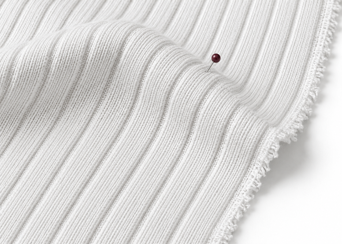 Close-up of white rib knit fabric showing pronounced vertical channels and a clean selvedge