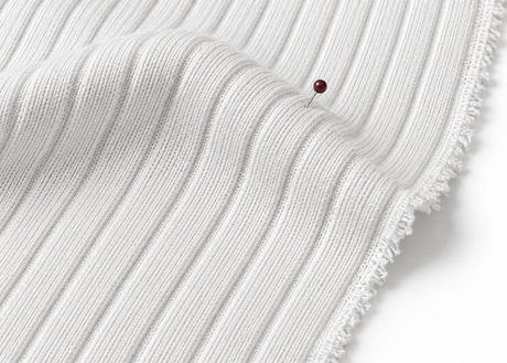Close-up of white rib knit fabric showing pronounced vertical channels and a clean selvedge