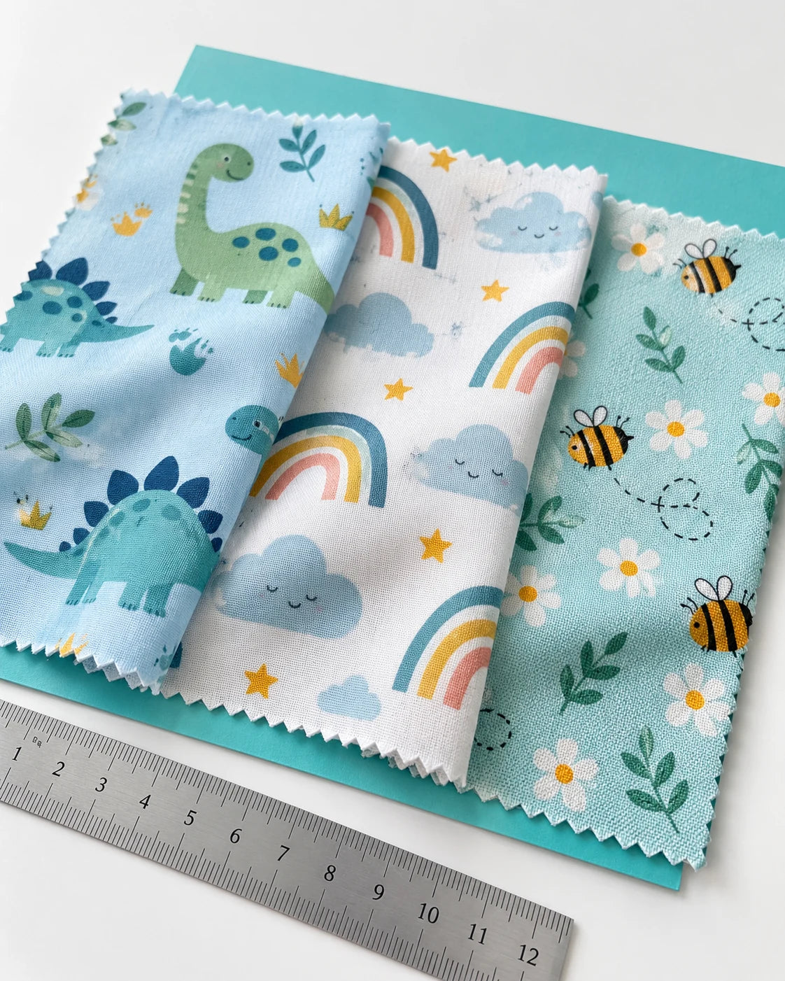 Printed fabric swatches with dinosaurs, rainbows and daisies
