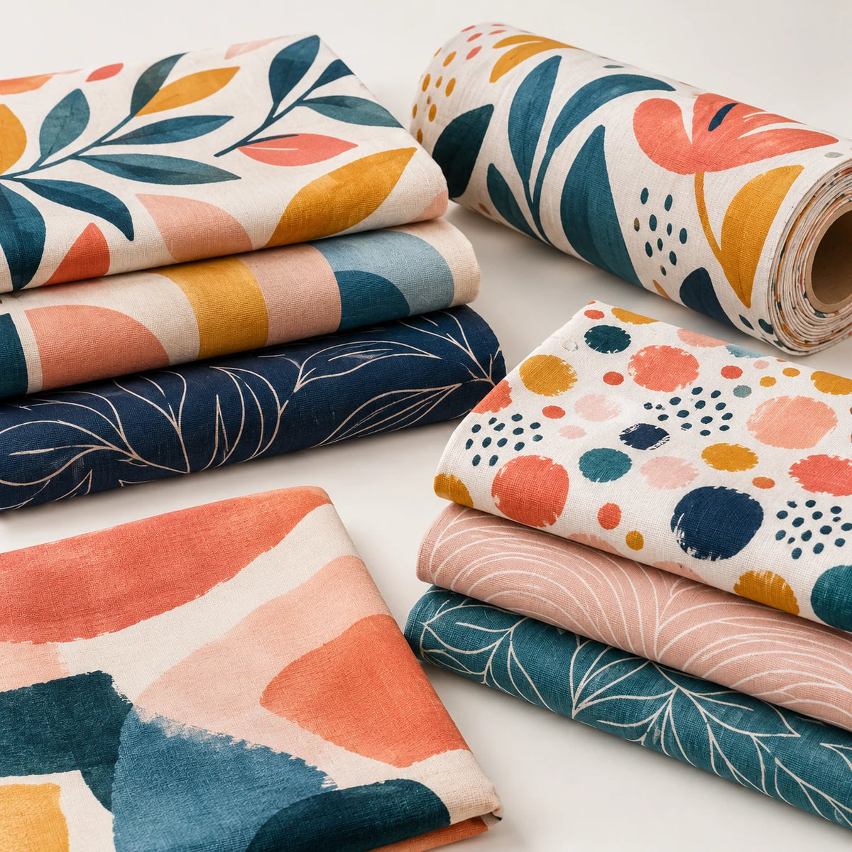 Folded printed fabrics and a fabric roll in navy, coral and teal