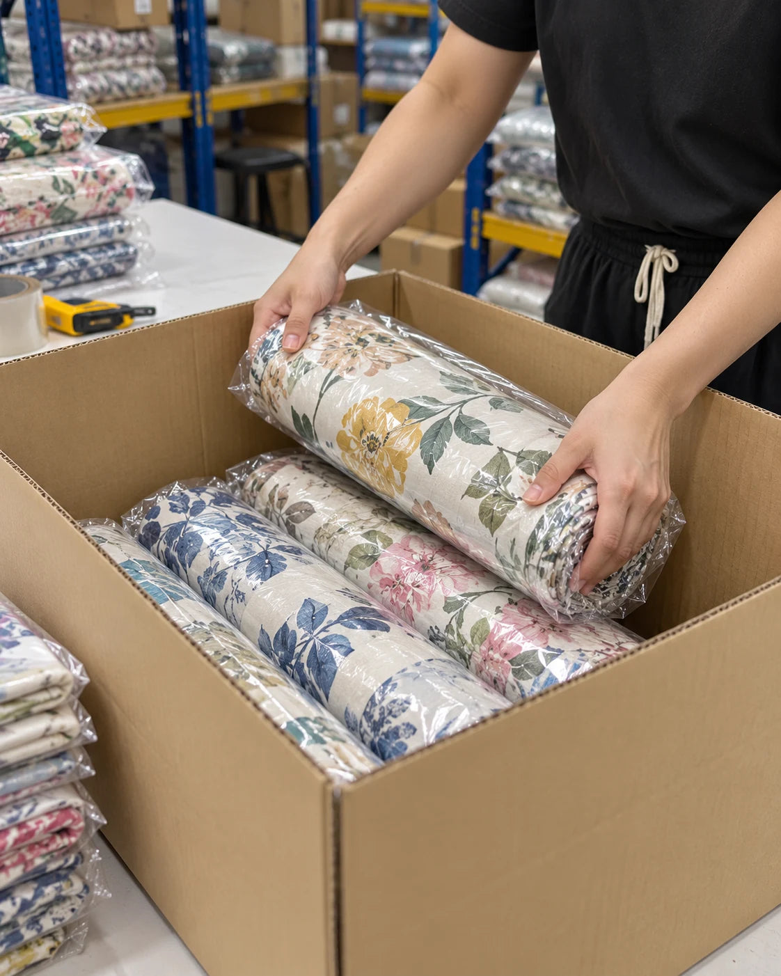 Wrapped fabric rolls being packed in a protective shipping carton