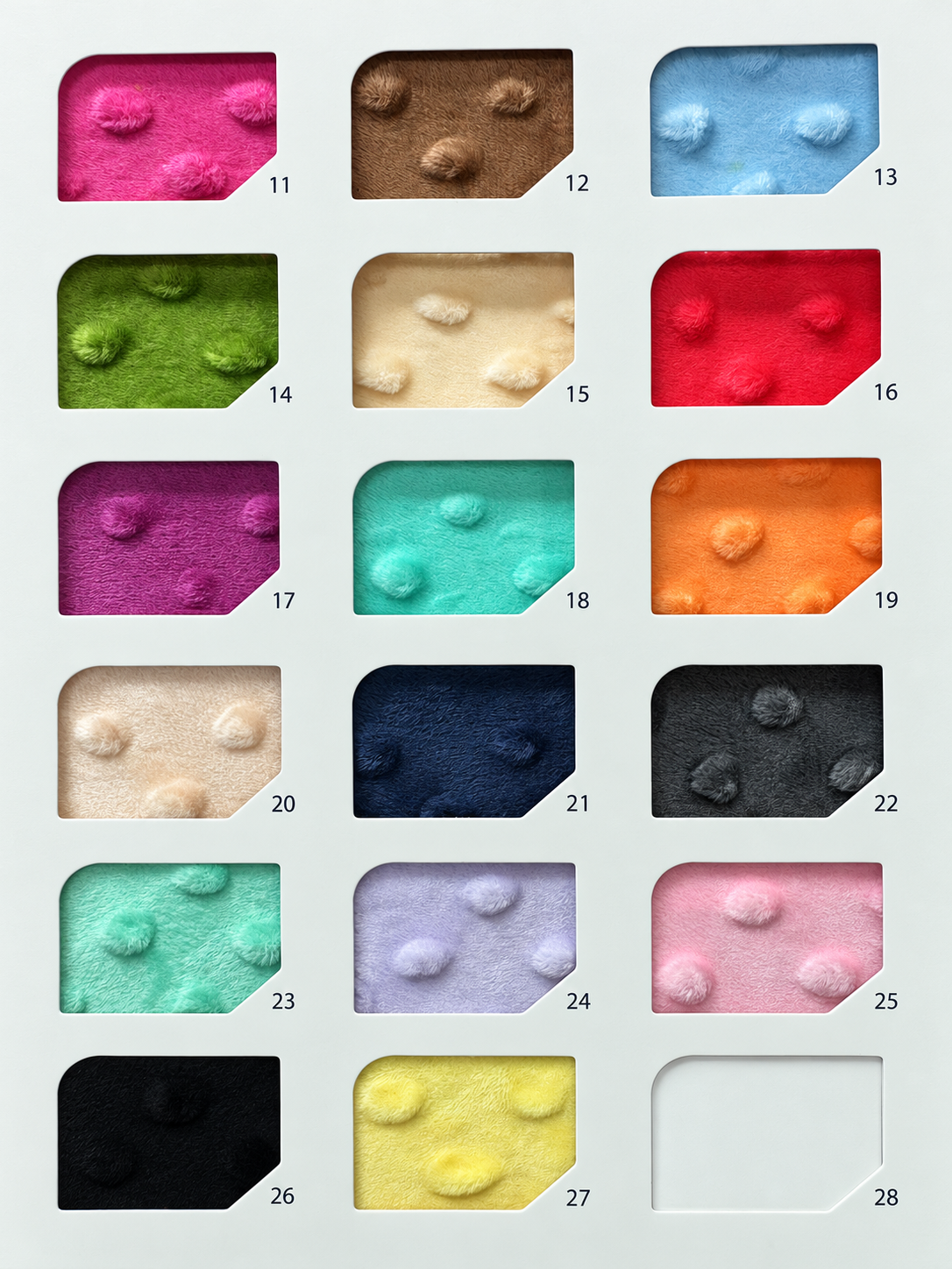 Solid Dot Minky colour card with codes 11 to 28