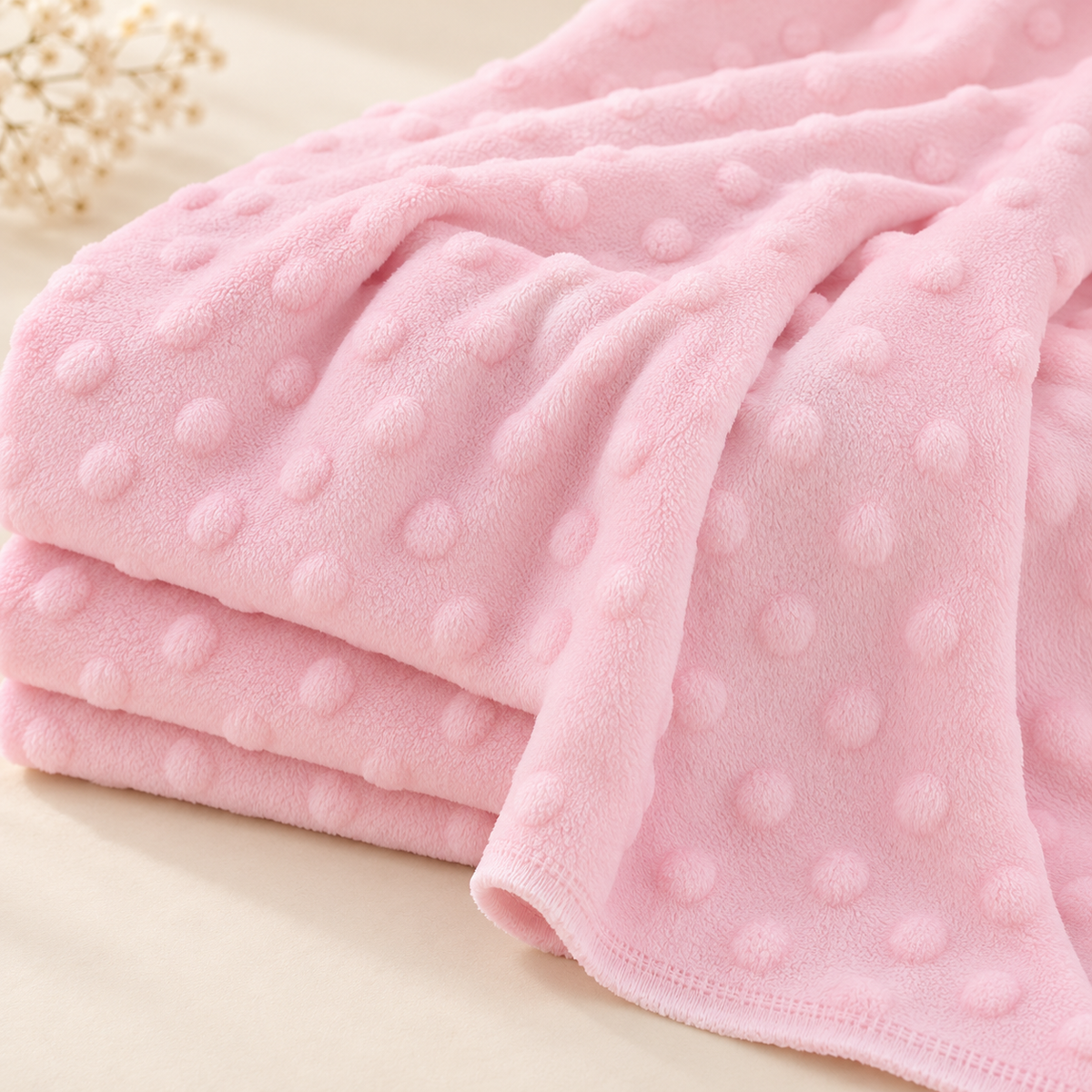 Blush pink Solid Dot Minky fabric showing soft drape