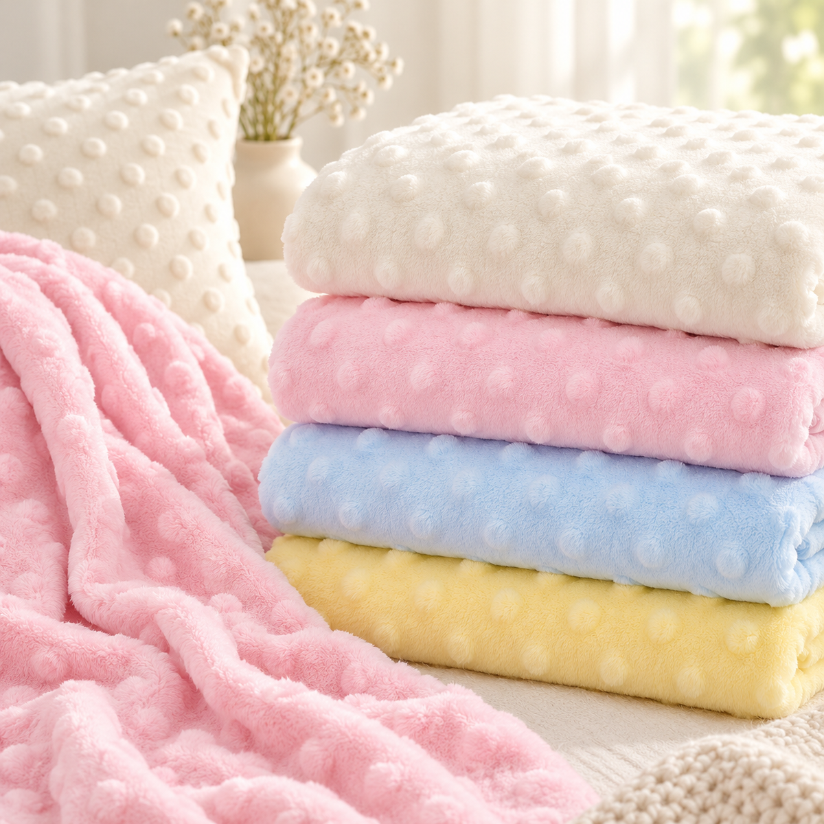 Solid Dot Minky fabrics arranged for blankets and pillows