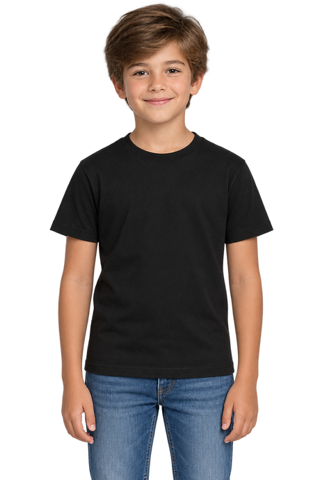 Child model wearing a plain black T-shirt