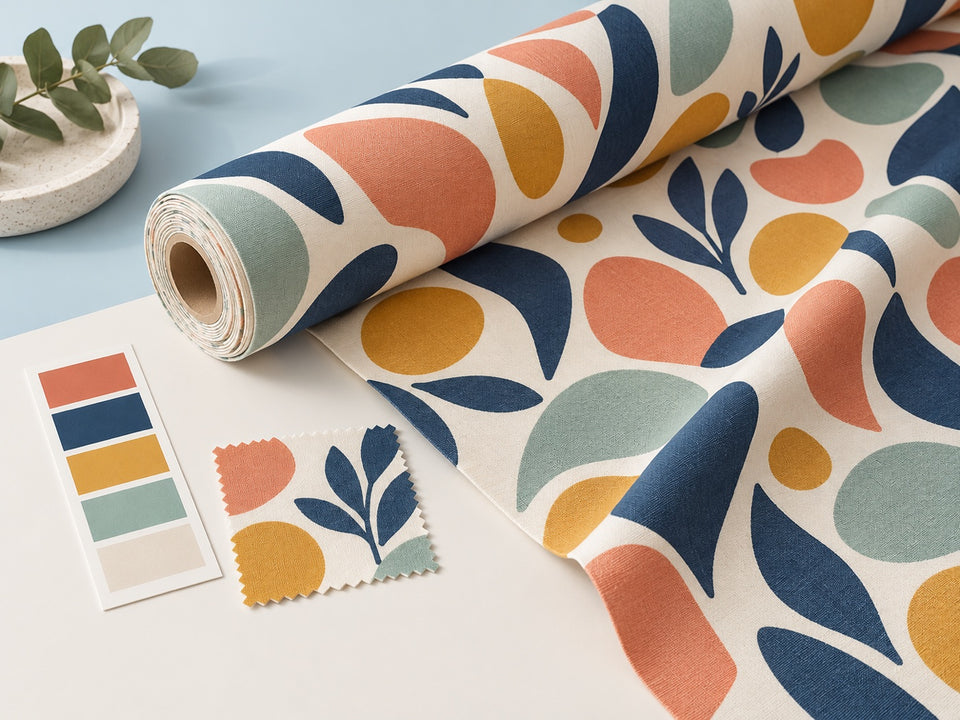 Custom printed fabric roll with an abstract repeat pattern