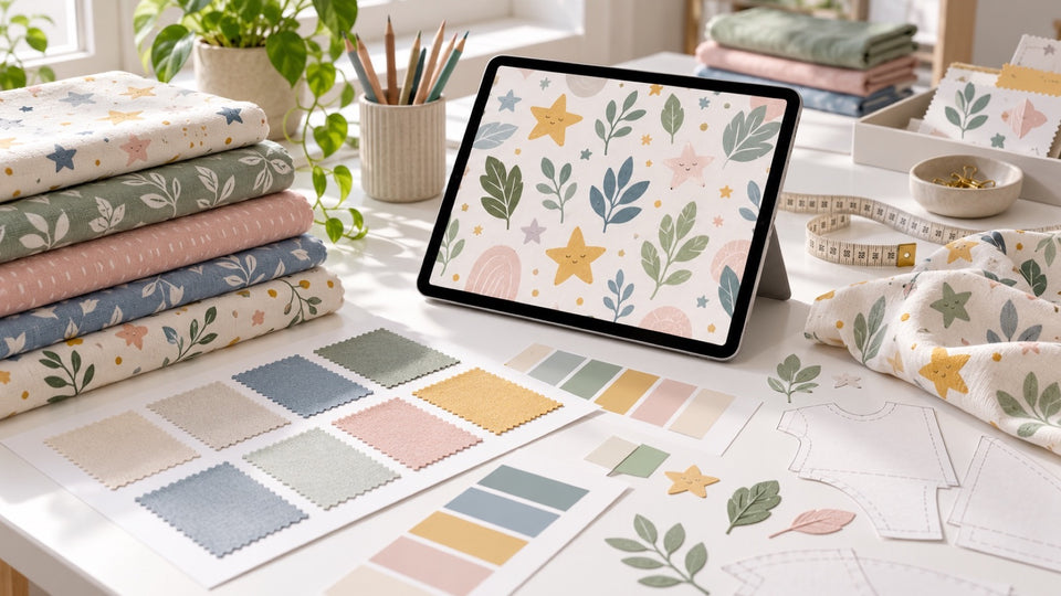 Design studio with fabric swatches for custom fabric printing