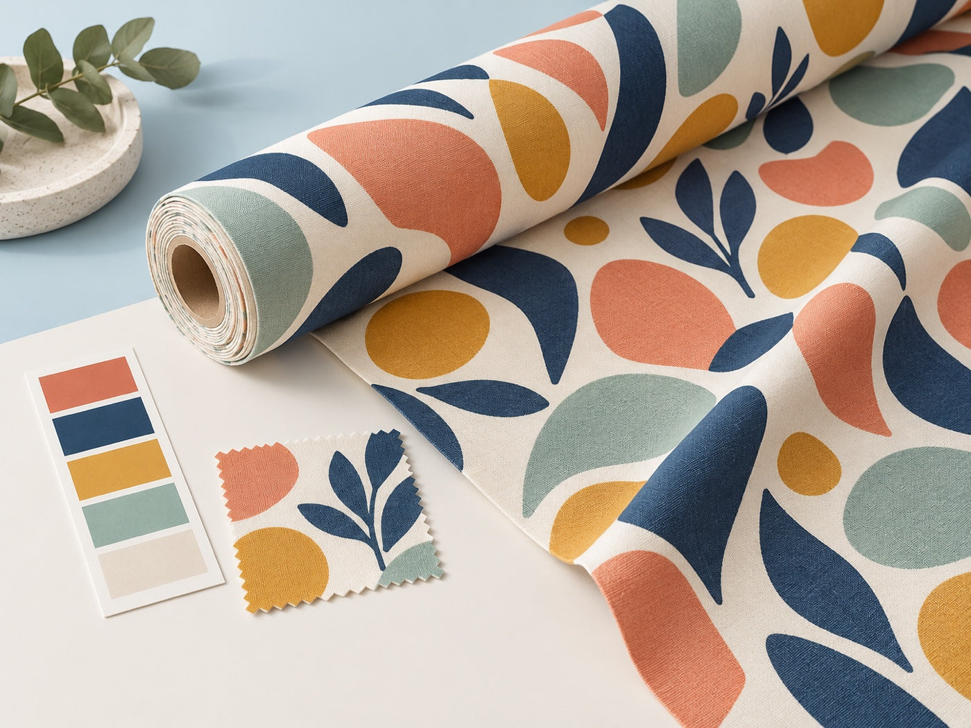 Custom printed fabric roll with an abstract repeat pattern
