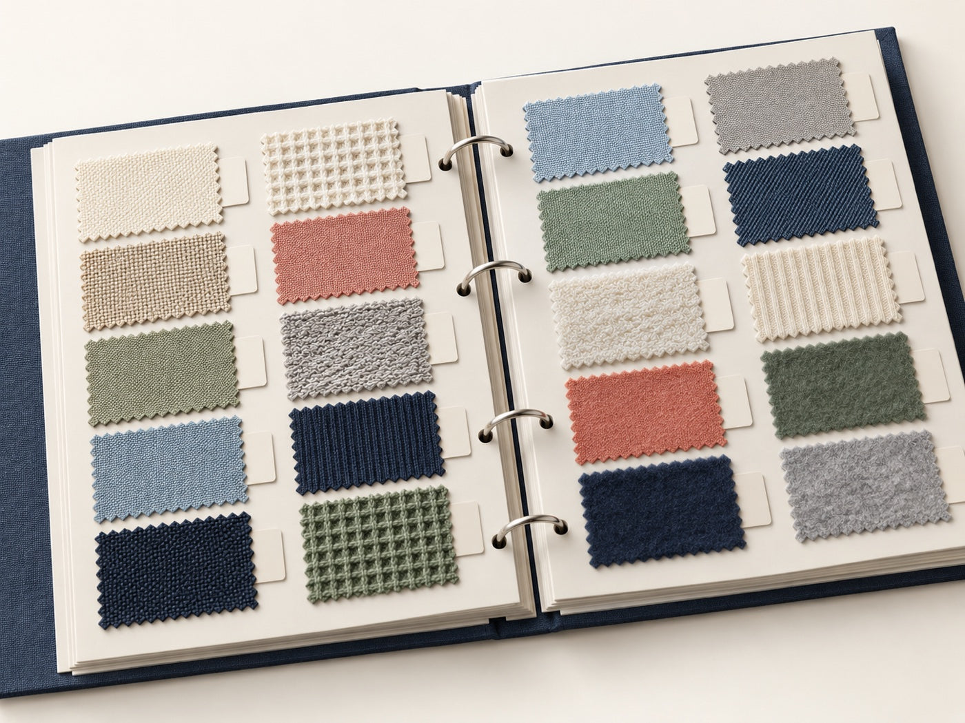 Open fabric sample booklet with textured swatches